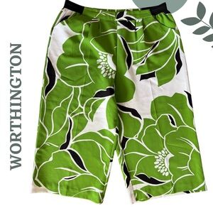 🛍️3/$40 Worthington Green Floral Wide-Leg Cropped Pants – Black White Size XL
